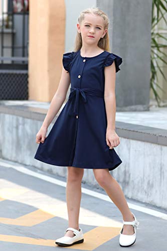 GORLYA Girl's Ruffle Trim Sleeve Button Down Floral Print Casual Vintage Midi Dress with Pockets for 4-12 Years Kids4