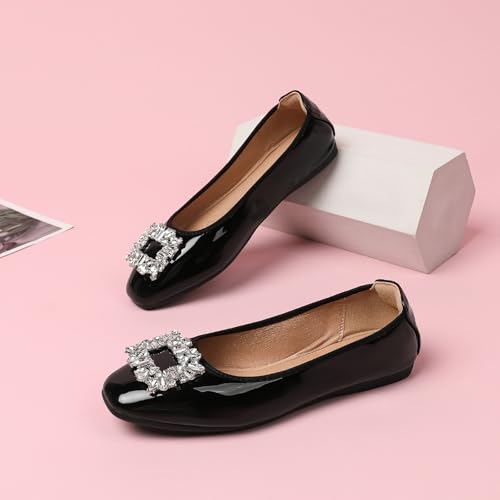 Unifizz Women's Sqaure Toe Buckle Rhinestone Ballet Flat Shoes3