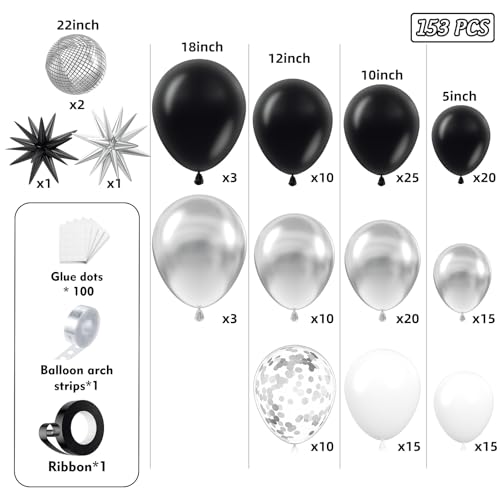 Image of 153Pcs Black and Silver White Balloon Garland Arch Kit with Stars, 22 18 12 10 5 inch Disco Ball Balloons Black White Metallic Silver Confetti Balloon for Birthday Graduation Party Decorations