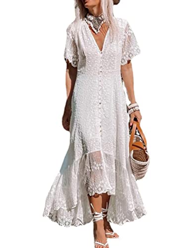 Onsoyours Robe en Dentelle pour Femmes Elégantes col en V sans Manches Robes de Soirée Robe de Bal pour Mariage Robes de Cocktail Longues Robes Décontractées Robe D'été F Blanc XL