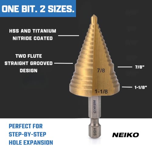 Image of NEIKO 10628A Step Drill Bit, 2 Steps 7 /8 inch to 1-1 /8 inch Straight High Speed Steel, Titanium Nitride Coated, 1 /4 inch Quick Change Step Bits for Steel, Metal, Wood, Plastic, Unibit Cone Drill Bits, Two Flute