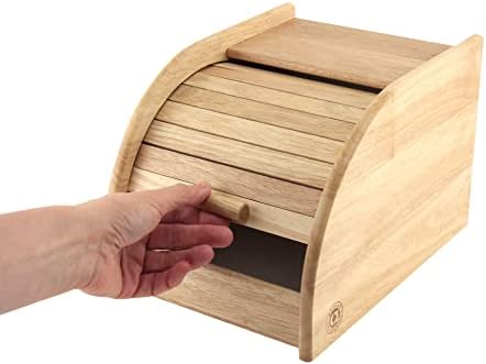 apollo THE HOUSEWARES BRAND Mini Bread Bin - Roll Top Lid - Flat Shelve Top - High Quality Hevea Wood - Size 27x18x20cm - Light Brown