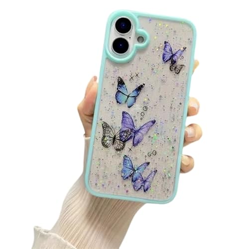 Image of VONZEE for iPhone 16 Plus Clear Glitter Butterfly Case, Cute Bling Sparkle Shiny Soft TPU Bumper Shockproof Women Girls Slim Protective Phone Cover for iPhone 16 Plus 6.7 inch,Mint Green