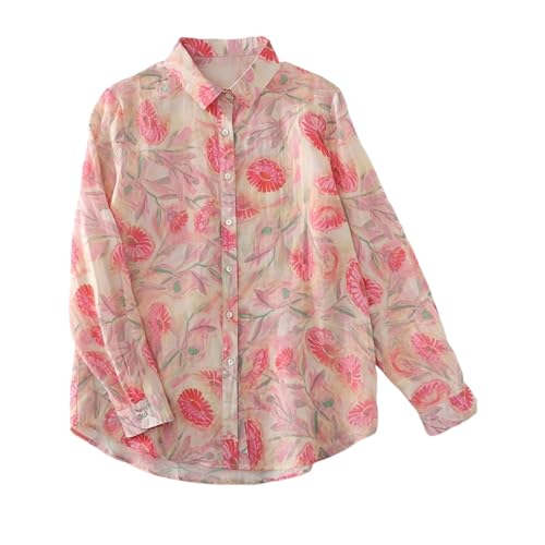Image of Womens Cotton Floral Button Down Shirt Lightweight Long Sleeve Casual Blouse Collared Top with Pink Flower Print for Office Wear Daily Outfits Travel Brunch and Comfortable Everyday Use