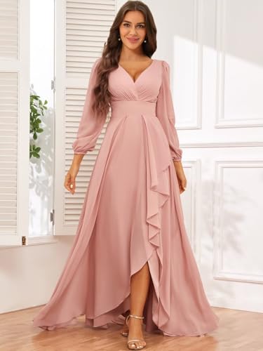 Chiffon Simple Long Sleeve Wedding Dresses for Bride V Neck Ruched Ruffle Bridal Gown with Slit3