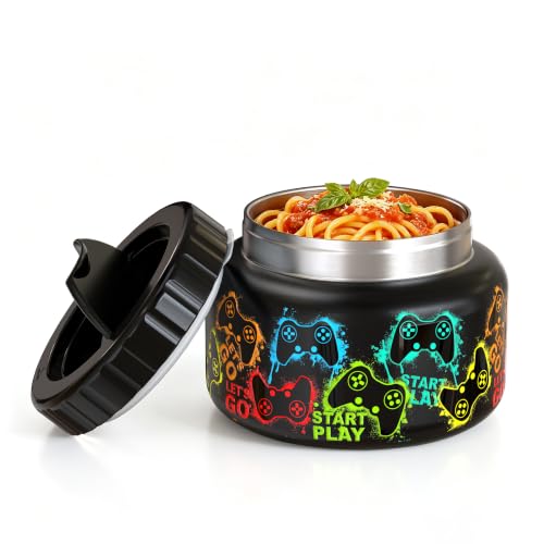 Image of MAISON HUIS 15oz Soup Thermo Wide Mouth Vacuum Insulated Stainless Steel Food Jar, Leak Proof for Hot&Cold Food Kids Lunch Container for School Travel (Black-Games Console)