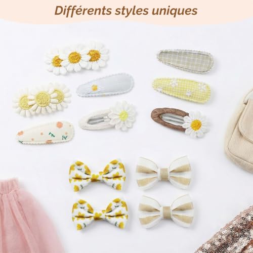 14 Pièces Pinces à Cheveux Broderie Florale, Pince Cheveux Fille Set Antidérapant, Barrettes en Tissu Motif Marguerite pour les Filles de Tous Âges(Jaune) – vue 4