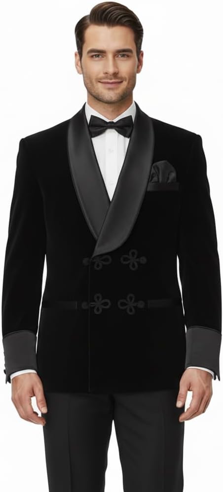 Men's Black Velvet Smoking Jacket, Satin Shawl Collar, Frog Closure Tuxedo Blazer, Formal Wear