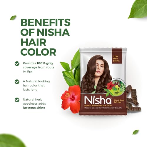 Image of Nisha Natural Henna Powder for Hair Colour, Dark Brown Semi-Permanent Hair Color, Herbal Conditioning Hair Dye for Silky & Shiny Soft Hair for Men & Women 10g (Pack of 10), Ammonia-Free