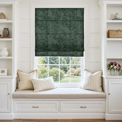 Image of TWOPAGES No Drill Cordless Vintage Leaf Print Roman Shades Linen Textured Roman Blinds for Windows, Custom Made Room Darkening Light Filtering Roman Window Shades, Denim, 1 Piece