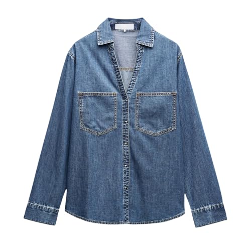 LifeShe Women V Neck Denim Shacket Button Down Jeans Shirts Oversize Jacket Shirt with Pockets2