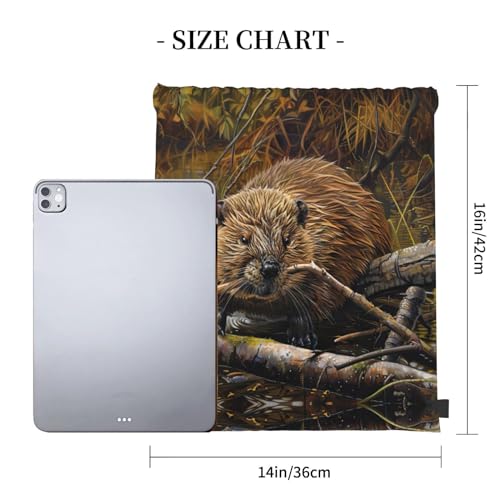 beaver working print casual drawstring backpack Gym Bag Sports, fitness, yoga, travel backpack Men Women, White4
