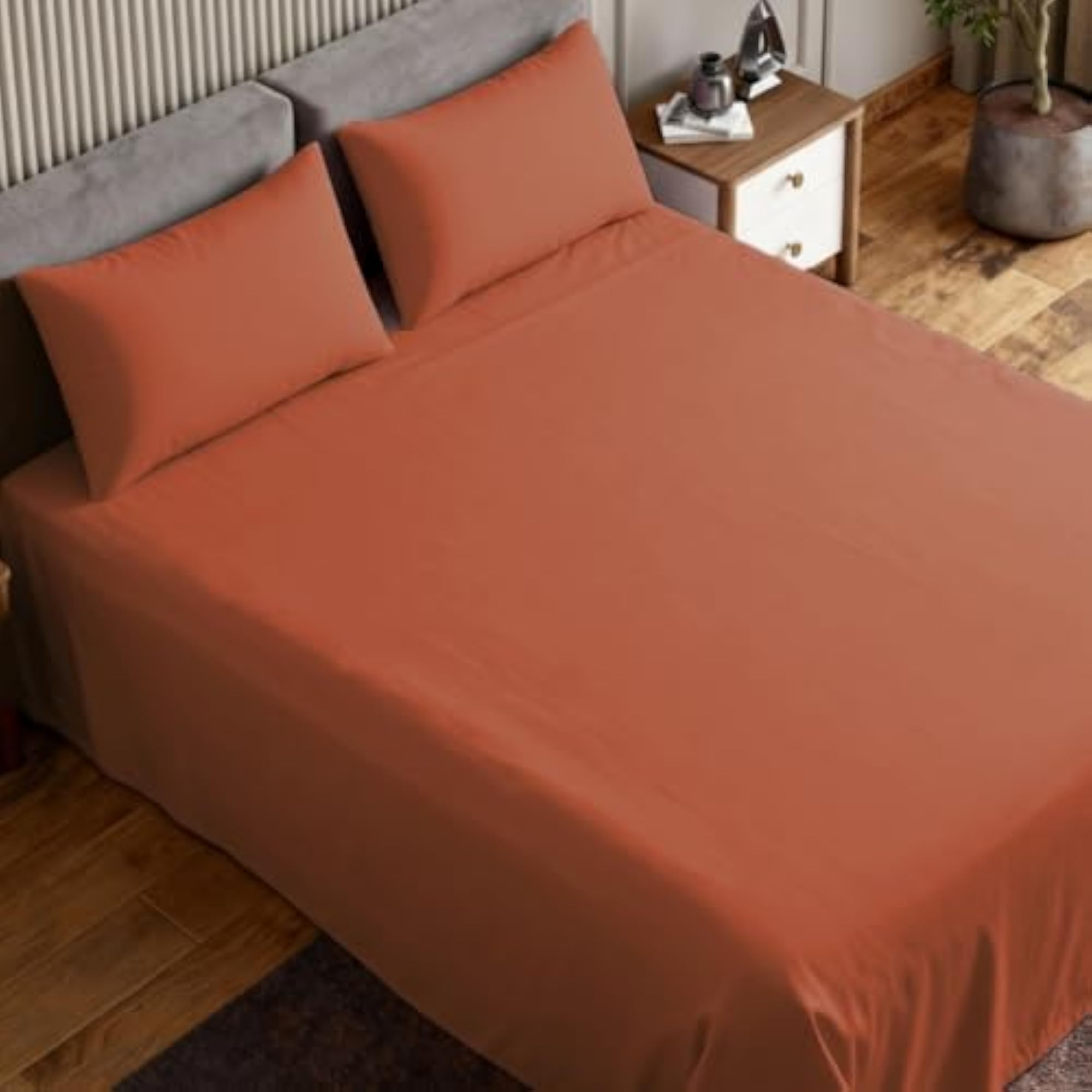 King Size 300 TC Cotton Sateen Flat Bedsheet, Rust Orange