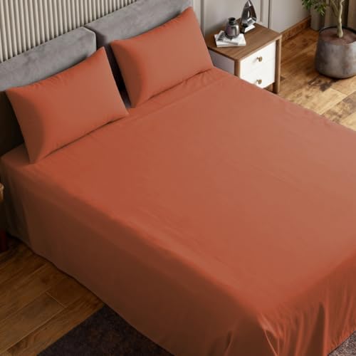 Image of haus & kinder Bedsheet King Size, 300 TC Cotton Sateen Weave, Flat Bedsheet for King Size Bed, Silky Smooth (Rust Orange, 108x108)