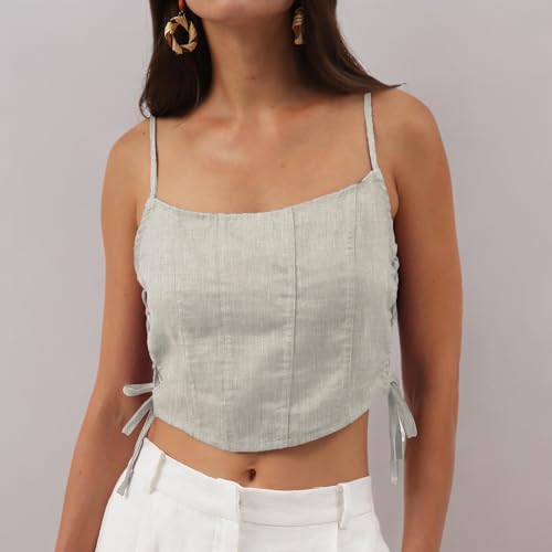 Bustier en pur lin Amazhiyu top court d'été à lacets chic - 6