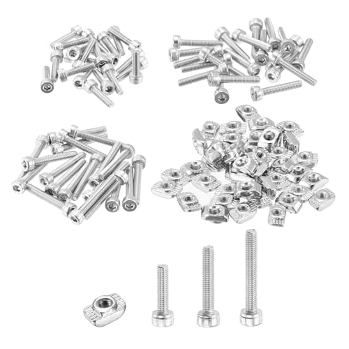 sourcing map M3 120Pcs T Nuts Sliding T Slot Nut Fastener T-Nuts Screws Assortment Kit Hammer Nut with Hex Socket Head Screws