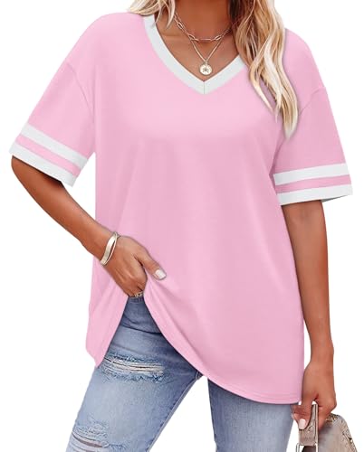 WIHOLL Womens Clothes Spring Tops for Women Shirts 2026 Plus Size Blouses for Women Dressy Casual V Neck T Shirts Vacation Outfits Sports Style Color Block Tee Pink 3XL