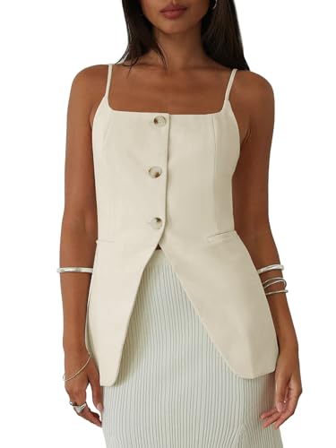 Yousify Womens Spaghetti Strap Tank Top Summer Blazer Vest Button Down Business Cami Square Neck Sexy Camisole Dressy Casual