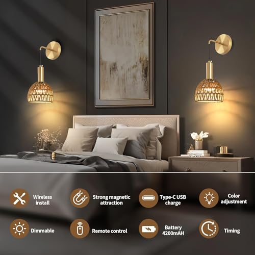 Apliques de pared para sala de estar con iluminación de ratán interior 3