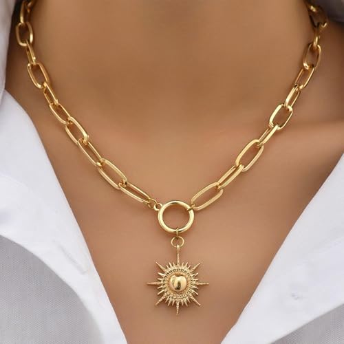 Gold Necklace for Women 18K Gold Plated Sun Paperclip Link Chain Necklaces Sunflower pendant necklaces Chunky Gold Sunshine Celestial Necklaces Minimalist Jewelry2