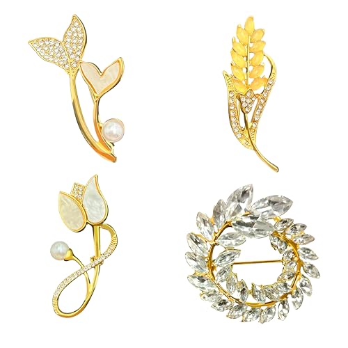 Image of Butterfly Wreath Brooch Pin White Pearl Flower Women Rhinestone Scarf Buckle Pin Gold Wedding Bridal Brooches Lady