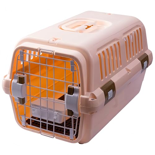 ペットキャリー 猫 キャリー コンテナ 耐荷重10KG 頑丈 フードボウル&メッシュカバー付き キャリーケース 大きめ 持ち運び 航空輸送ボックス 旅行 通院 防災 簡単組立 犬 キャリーケース (オレンジ, S)
