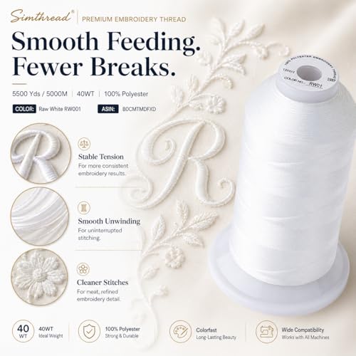 Image of Simthread 5000M 40WT Polyester Embroidery Thread, Raw White RW001 | 5000M 40WT polyester thread feeds smoothly for machine embroidery, monograms, logos, patches and quilting.