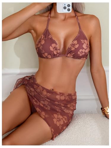 Milumia Women's 3 Piece Swimsuits Floral Print Halter Bikini Set with Cover Ups3