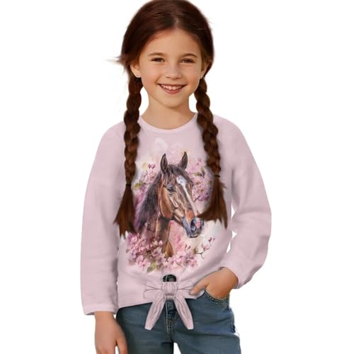 Xhuibop Girls Long Sleeve Shirts Tie Knot Front Stylish Graphic Tees Kids Fall T-Shirt for Age 5-12