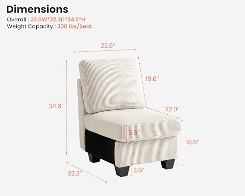 Image of CHIC HOUSE Middle Module for Modular Couch, Corduroy Customizable Chaise, Storage Ottoman for Sectional Sofa, Armrest, Single /Double Seater