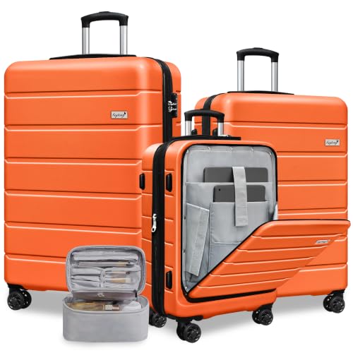 Image of KEYTANG SmileLine 3-Piece Luggage Set Lightweight Hardside Suitcase TSA Lock Spinner Wheels, 20 inch Expandable Carry-On Luggage with Quick Access Front Open Pocket, Bonus Makeup Bag,Orange