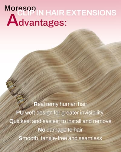 Image of Moresoo Clip in Human Hair Extensions, Highlight Blonde 18inch, PU Weft | Human hair clip in extensions, soft beige blonde to dirty blonde, 120g 7pcs, for social and dating, natural maintenance look