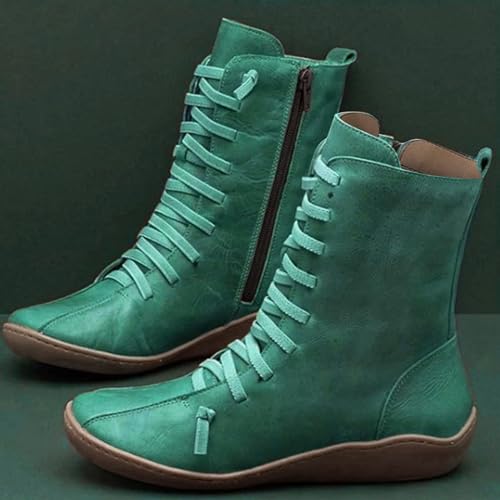 Womens Ankle Boots Vintage Casual Short Ankle Boots for Women 2025 Arch Support Fashion No Heel Lace Up Side Zipper Retro Leather Booties Comfortable Slip On Flat Shoes2