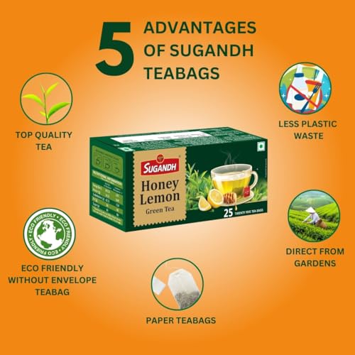 Image of Sugandh Honey Lemon Green Tea | Natural Flavour with Refreshing Taste | Soothing Wellness Drink | 25 Tea Bags x 2 Packs