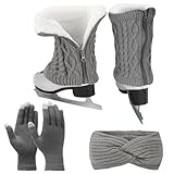 Erogeen Juego de calentadores de piernas para patinaje artístico, guantes y diadema, forro polar con cremallera, calentadores de piernas, calcetines, accesorios de patinaje sobre hielo, gris, Short