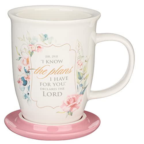 Christian Art Gifts Encouraging Scripture Ceramic Coffee And Tea Mug With Lid For Women: I Know The Plans - Jeremiah 29:11 Inspirational Bible Verse Novelty Beverage Cup, Pink Rose Floral, 13 Oz. #TOP4