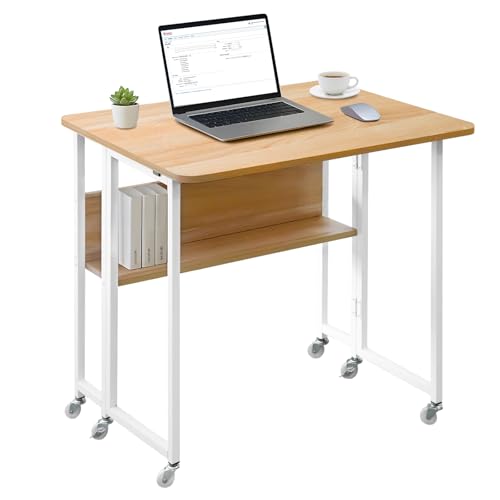FeheriFurn Klapptisch klein, Schreibtisch klappbar 80cm, Computertisch mit Rollen, faltbar platzsparend, mit Ablage, Kleiner Tisch Home Office, Natürlich