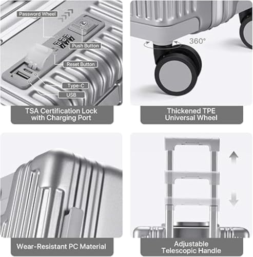 Zipperless Luggage,Travel Carry On Luggage,Front Opening Zipperless Aluminum Frame Suitcase,TSA Lock, 360° Spinner Wheels,USB Port, Cup & Phone Holder (Silver, 20.8inch)4
