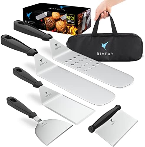 Rivexy 5 Pcs Grill Spatula for Outdoor Grill Premium Quality Metal Spatula for Cast Iron Skillet Durable Flat Top Grill Accessories Great for Outdoor BBQ Teppanyaki and Camping