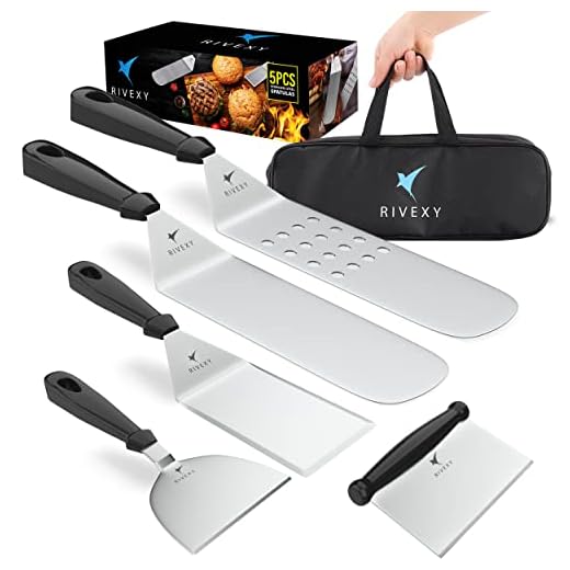 Rivexy 5 Pcs Grill Spatula for Outdoor Grill Premium Quality Metal Spatula for Cast Iron Skillet Durable Flat Top Grill Accessories Great for Outdoor BBQ Teppanyaki and Camping