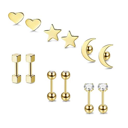 BESTEEL 6 Pares Acero Inoxidable Pendientes de Estrella Luna y Corazón de las Mujeres Aretes Pendientes Piercing Cartilago Joyería de Moda