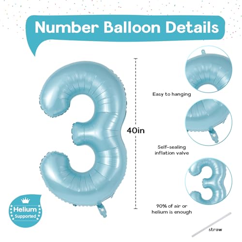 Image of 3rd Birthday Number Balloons for Kids, 40 Inch Foil Number 3 Balloons, Pastel Blue Large Self Inflating Number Balloons for Boys Men 30th Birthday Party Anniversary Party Decoration Supplies