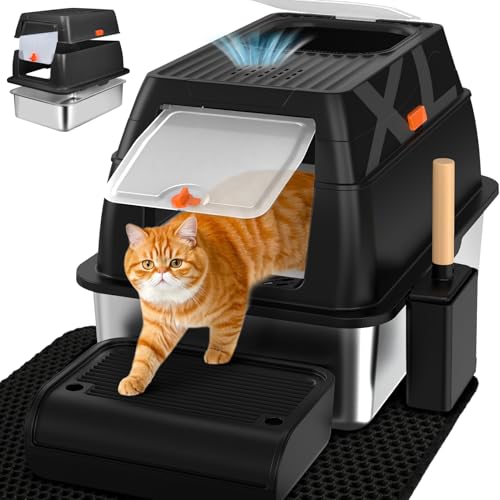 SZEETECH Katzenklo Edelstahl XL, Groß Edelstahl Katzentoilette mit Deckel, Stainless Steel Cat Litter Box, Geschlossen Katzen Klo, Zwei Ausgänge,...