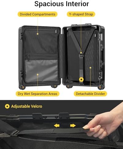 LEVEL8 Zipperless Carry On Suitcase Airline Approved with Aluminum Frame, Hard Shell Luggage with Spinner Wheels, Metal Travel Luggage with Double Tsa Locks, 20 Inch, Black - 5