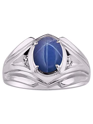 RYLOS Mens Rings Sterling Silver Rings Classic Designer Style 9X7MM Gemstone & Diamond Ring Blue Star Sapphire September Birthstone Rings For Men, Men's Rings, Silver Rings, Sizes 8,9,10,11,12,13