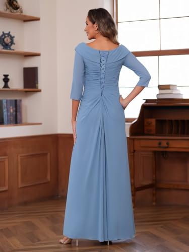 Raseal Chiffon Mother of The Bride Dresses for Wedding with 3/4 Sleeves Long Ruched Applique Formal Dress RS1113