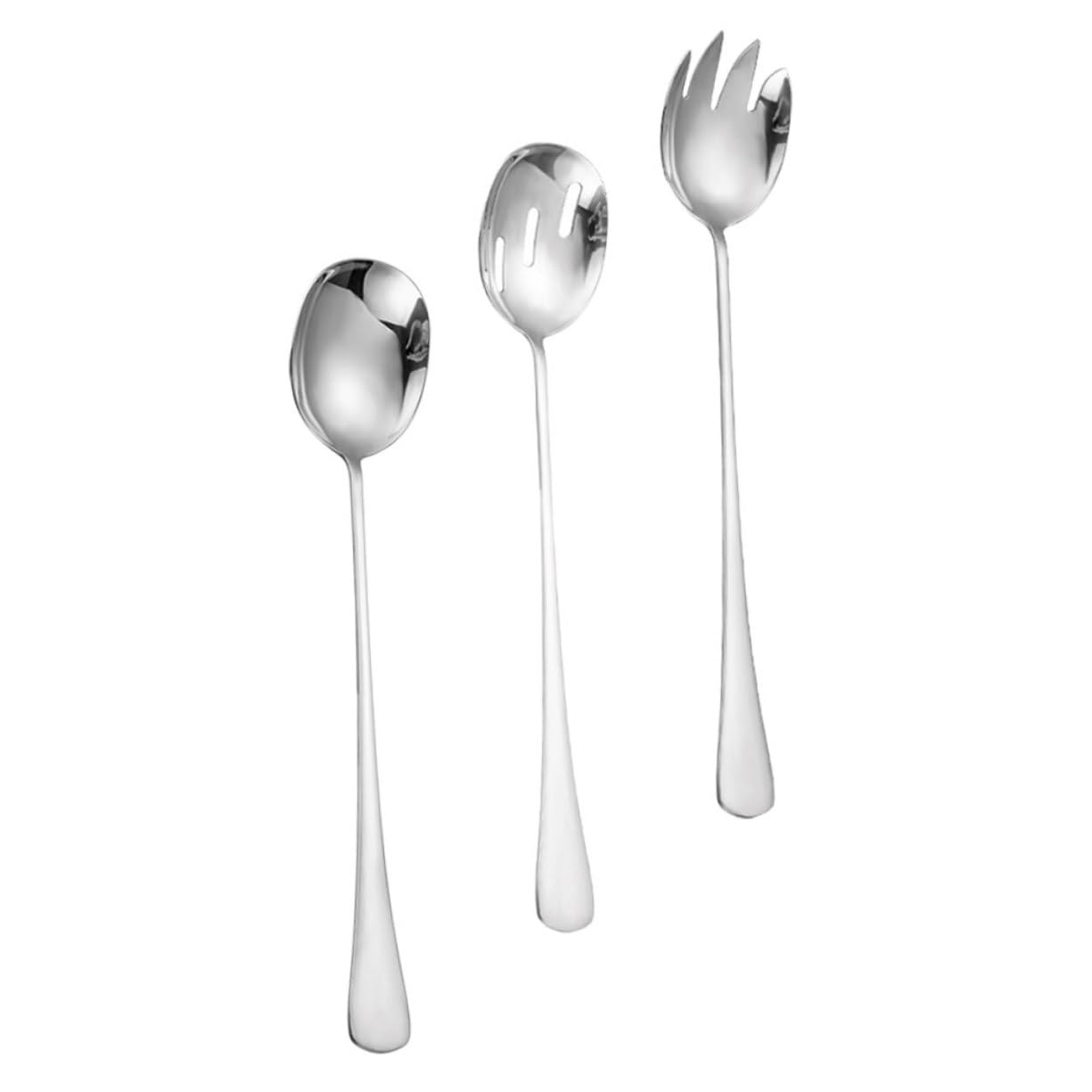 GRIRIW 3pcs Stainless Steel Salad Utensil Set Multi Functional Spoon Fork Colander with Lengthened Handle Essential Kitchen Tools for Serving and Mixing Salads