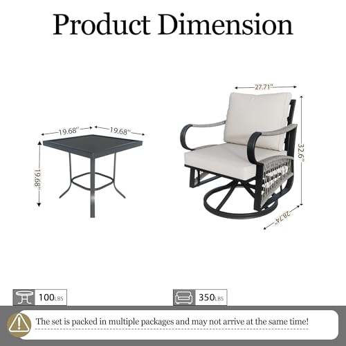 Image of 3 Pieces Outdoor Furniture Set, Metal 360 Swivel Rocking Chairs Bistro Sets, Patio Conversation Set with Side Table for Deck, Porch, Garden, Backyard, Poolside (Beige Cushions)