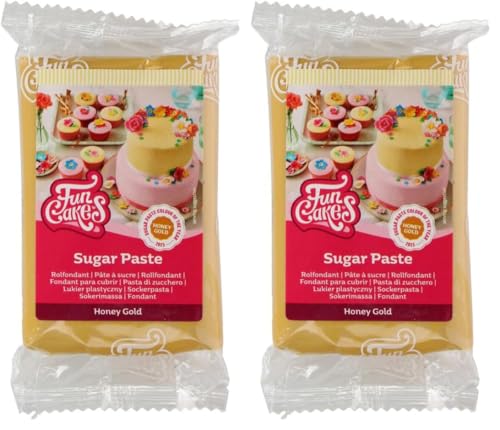 FunCakes Pasta de Azúcar Honey Gold, Fácil de usar, suave, flexible, blanda y flexible, perfecta para la decoración de pasteles, Halal, Kosher y sin gluten, 250 g Paquete de 2