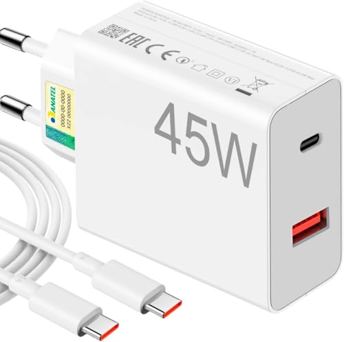 Carregador Universal Super Turbo 45W - 2 Saídas USB-C e USB-A, acompanha Cabo Emborrachado de 1M Ultra Rapido (Tipo-C para Tipo-C), Compatível com iPhone 15 e 16 e todos os Android